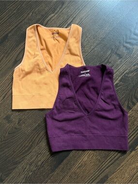 2 Garage Ribbed V-Neck Cropped Tank Tops - Purple & Orange